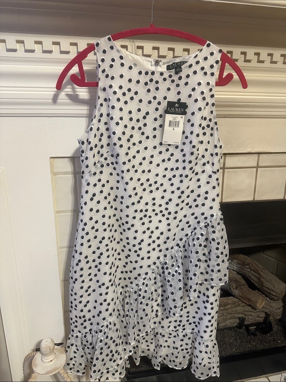 Lauren Ralph Lauren White and Black Polka Dot Ruffle Dress New Retail $160 Sz 4